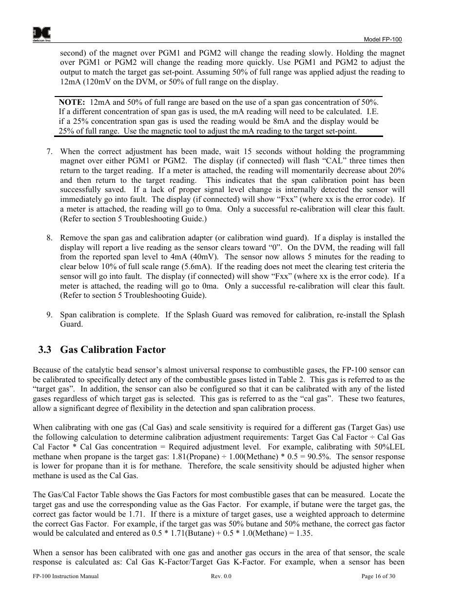 3 gas calibration factor | Detcon FP-100 User Manual | Page 20 / 34