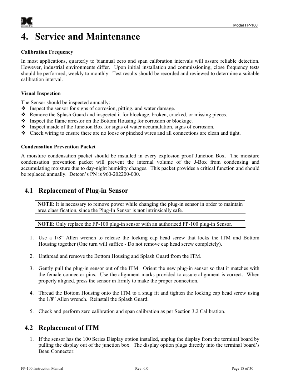 Service and maintenance, Replacement of plug-in sensor, Replacement of itm | 1 replacement of plug-in sensor, 2 replacement of itm | Detcon FP-100 User Manual | Page 22 / 34