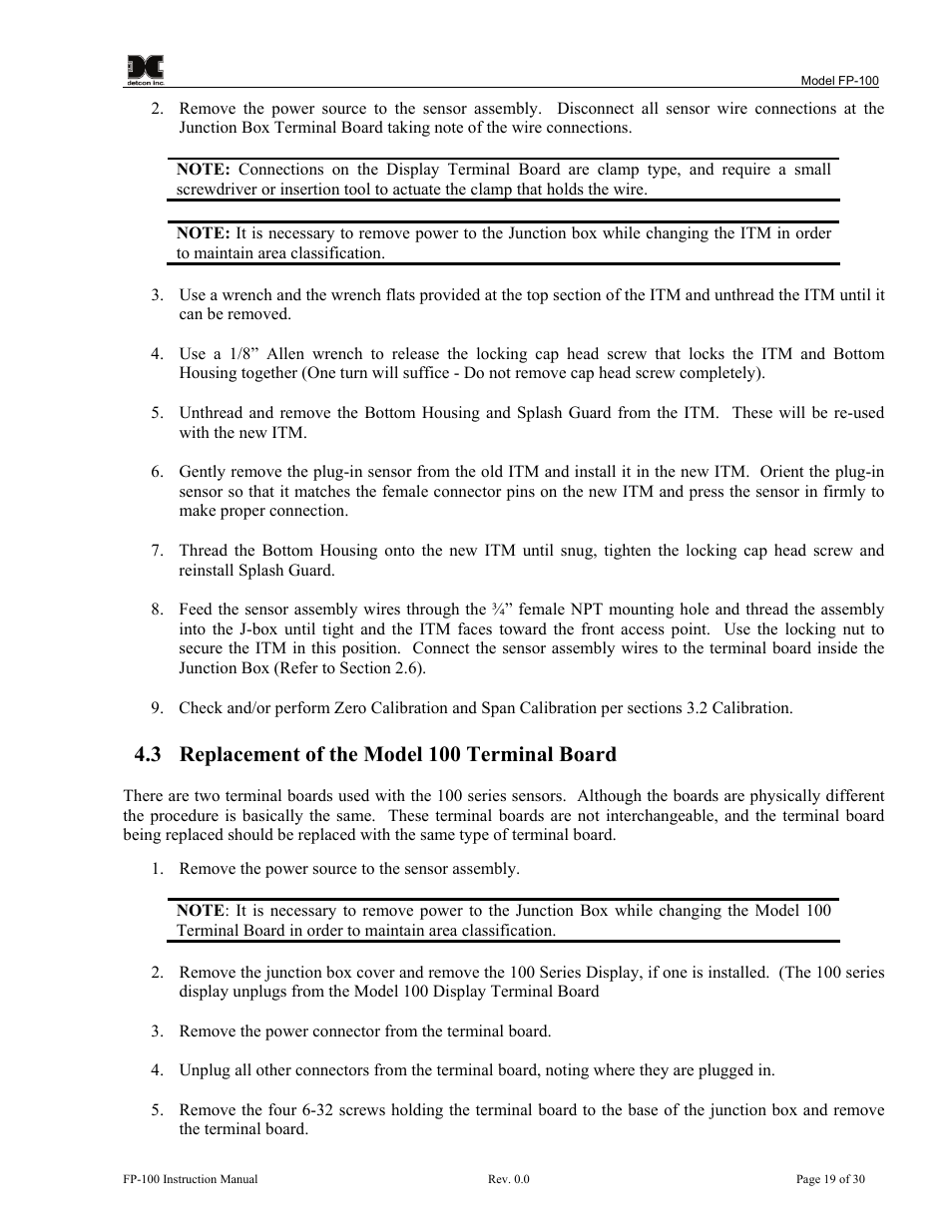 Replacement of the model 100 terminal board, 3 replacement of the model 100 terminal board | Detcon FP-100 User Manual | Page 23 / 34