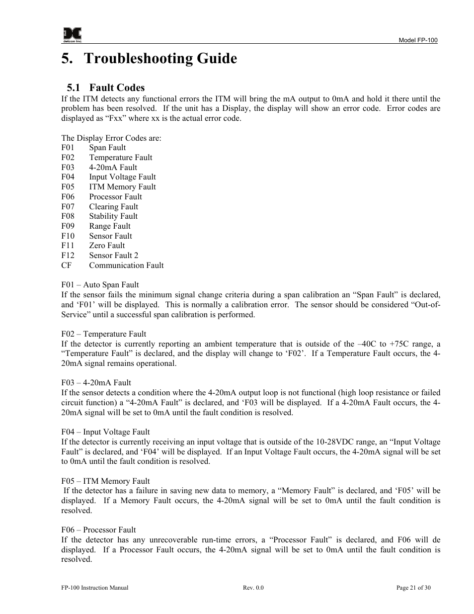 Troubleshooting guide, Ection 5 troubleshooting guide, 1 fault codes | Detcon FP-100 User Manual | Page 25 / 34