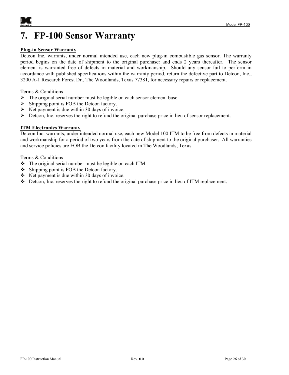 Fp-100 sensor warranty | Detcon FP-100 User Manual | Page 30 / 34
