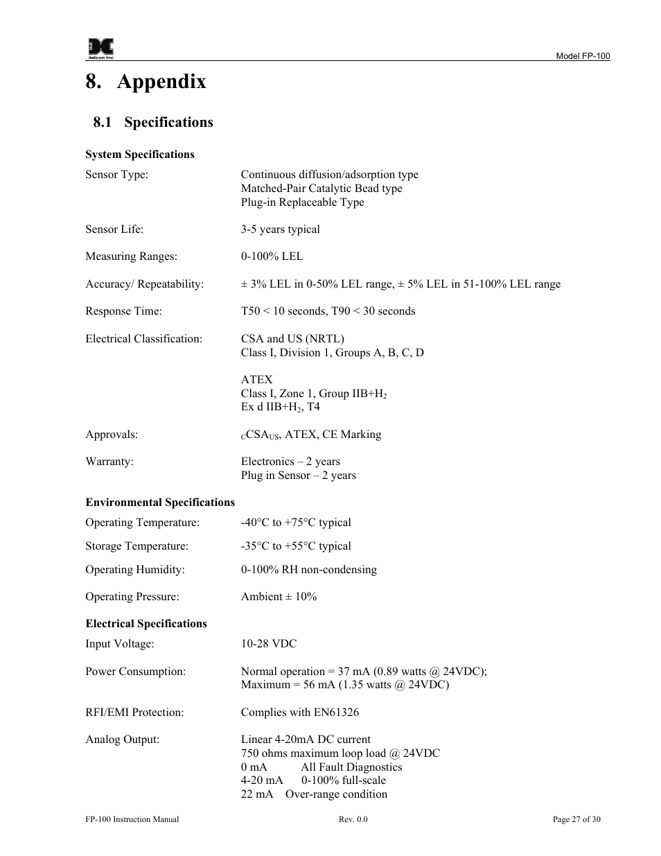 Appendix, 1 specifications | Detcon FP-100 User Manual | Page 31 / 34