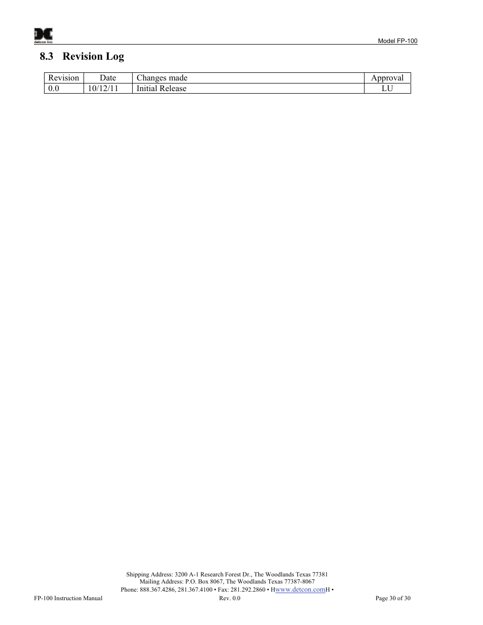 Revision log, 3 revision log | Detcon FP-100 User Manual | Page 34 / 34