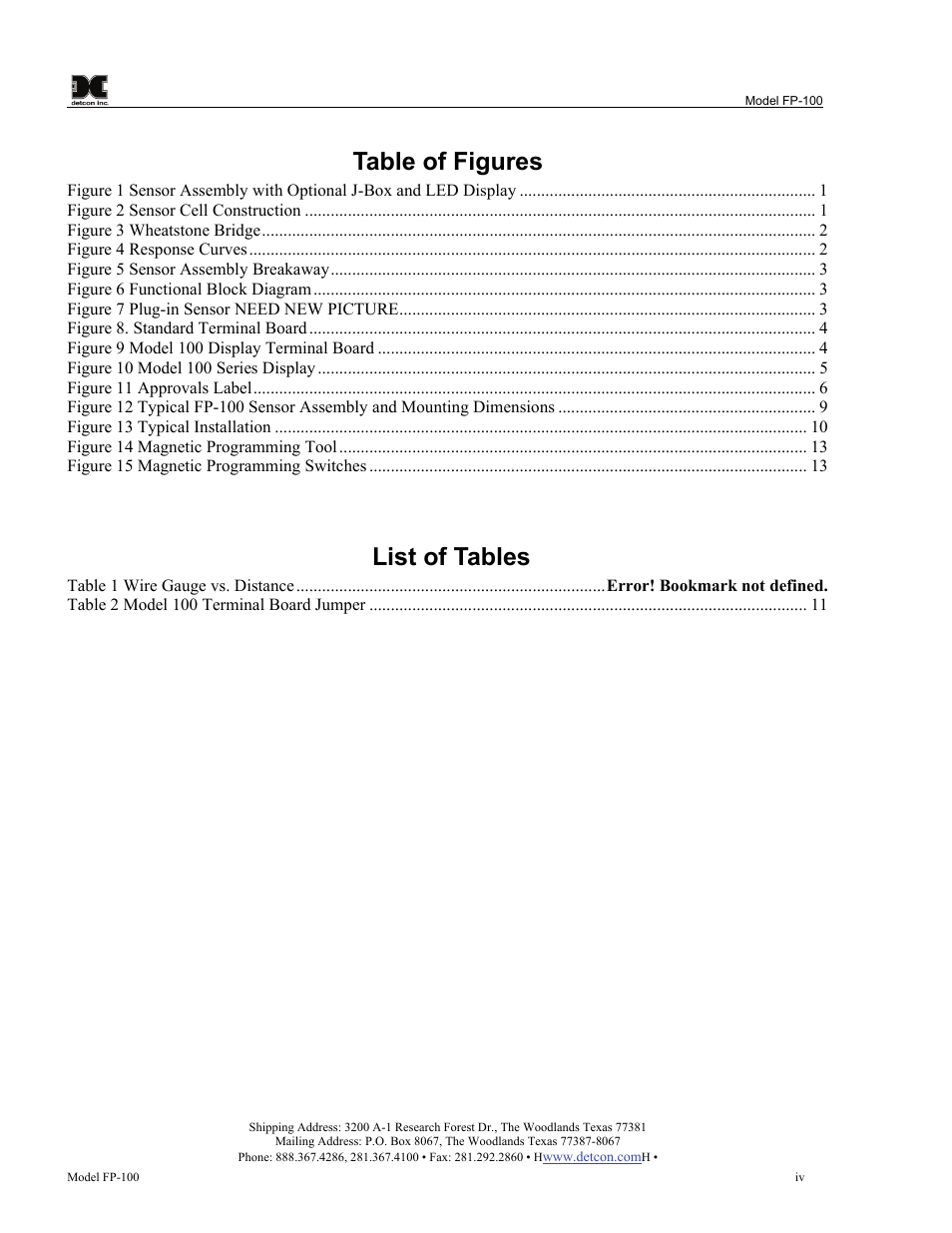 Table of figures, List of tables | Detcon FP-100 User Manual | Page 4 / 34