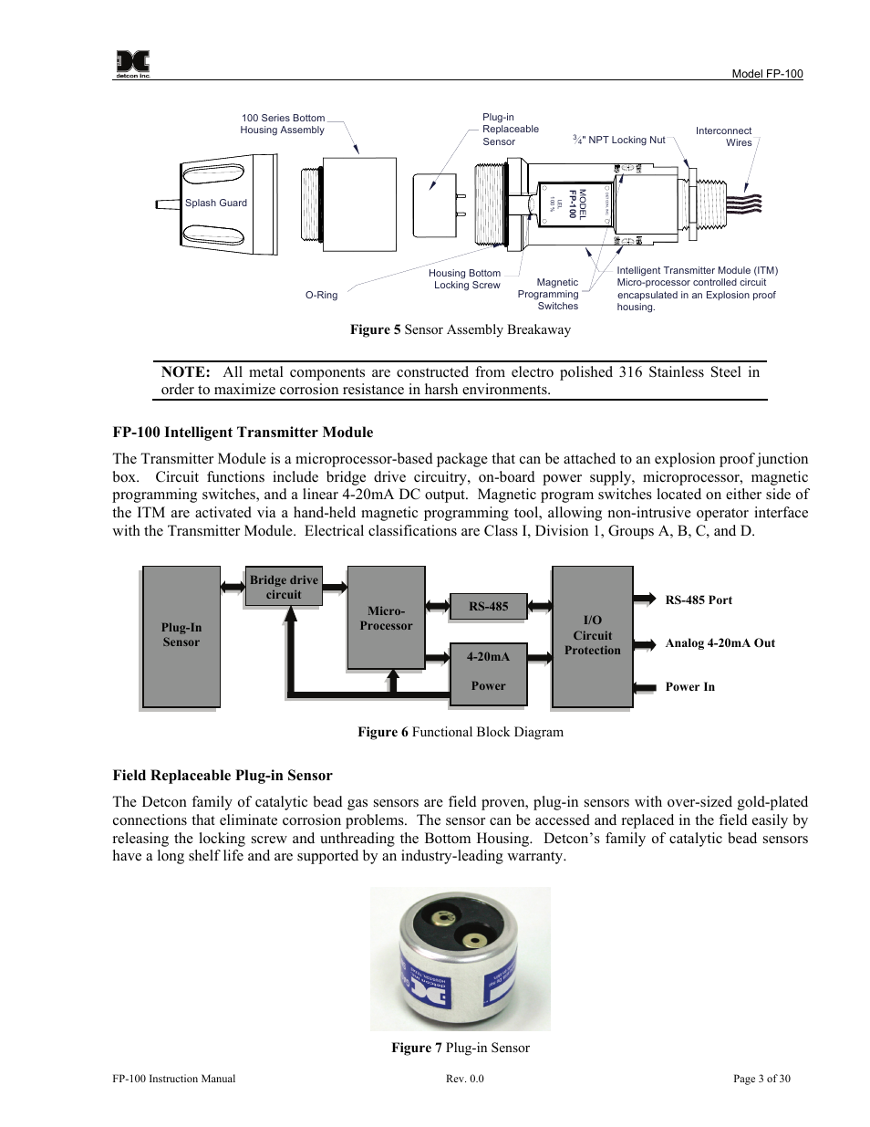 Figure 5 sensor assembly breakaway, Figure 6 functional block diagram, Figure 7 plug-in sensor need new picture | Detcon FP-100 User Manual | Page 7 / 34