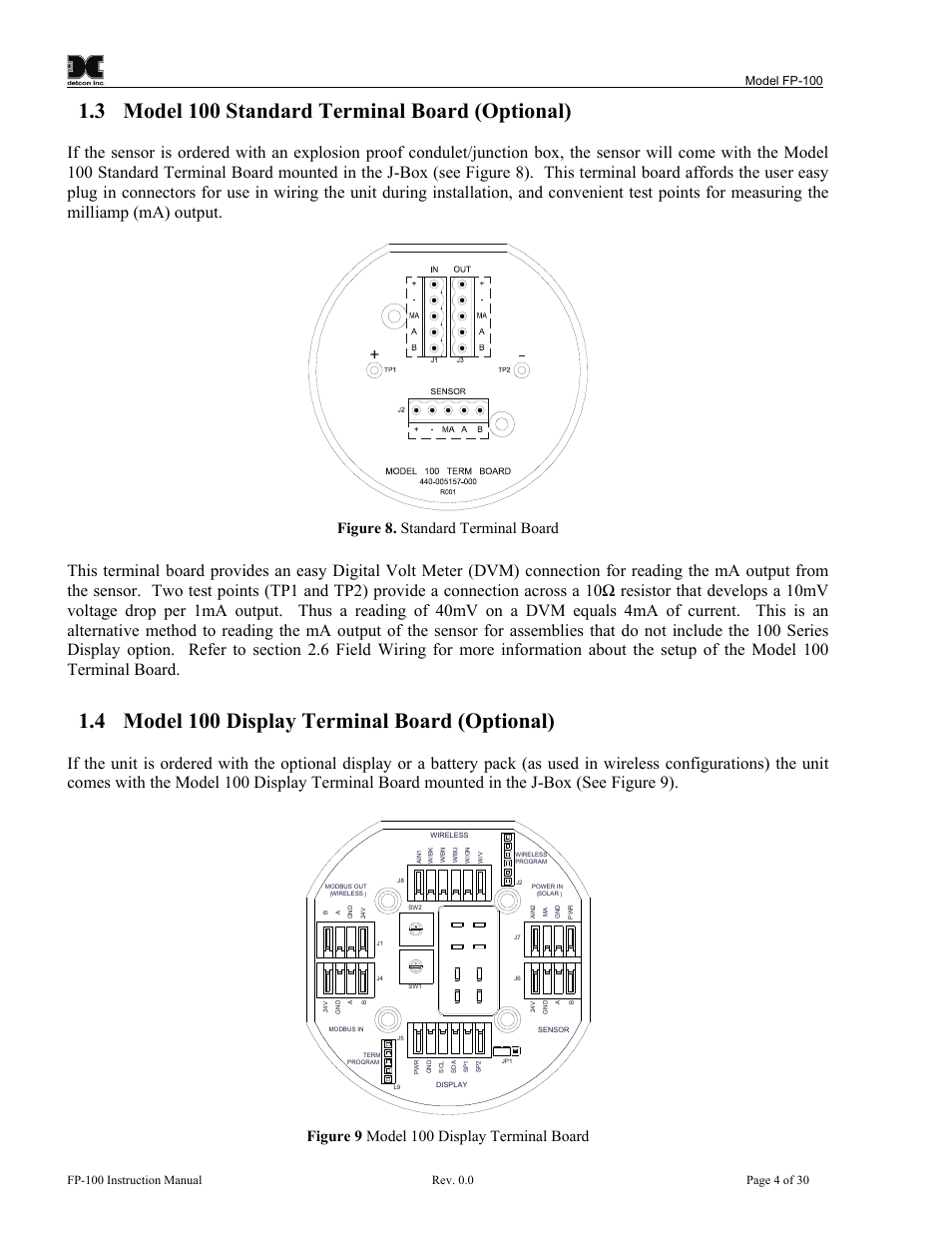 Model 100 standard terminal board (optional), Model 100 display terminal board (optional), Figure 8. standard terminal board | Figure 9 model 100 display terminal board, 3 model 100 standard terminal board (optional), 4 model 100 display terminal board (optional) | Detcon FP-100 User Manual | Page 8 / 34