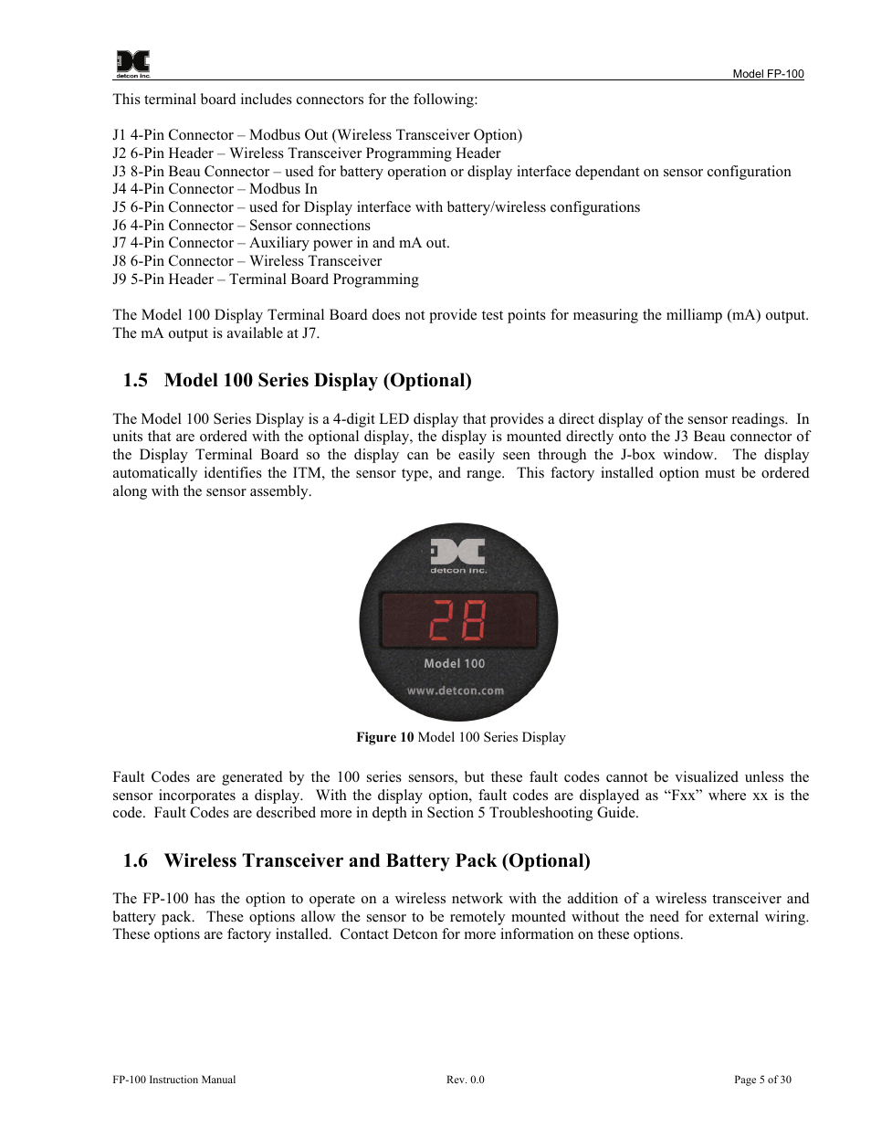 Model 100 series display (optional), Wireless transceiver and battery pack (optional), Figure 10 model 100 series display | 5 model 100 series display (optional), 6 wireless transceiver and battery pack (optional) | Detcon FP-100 User Manual | Page 9 / 34