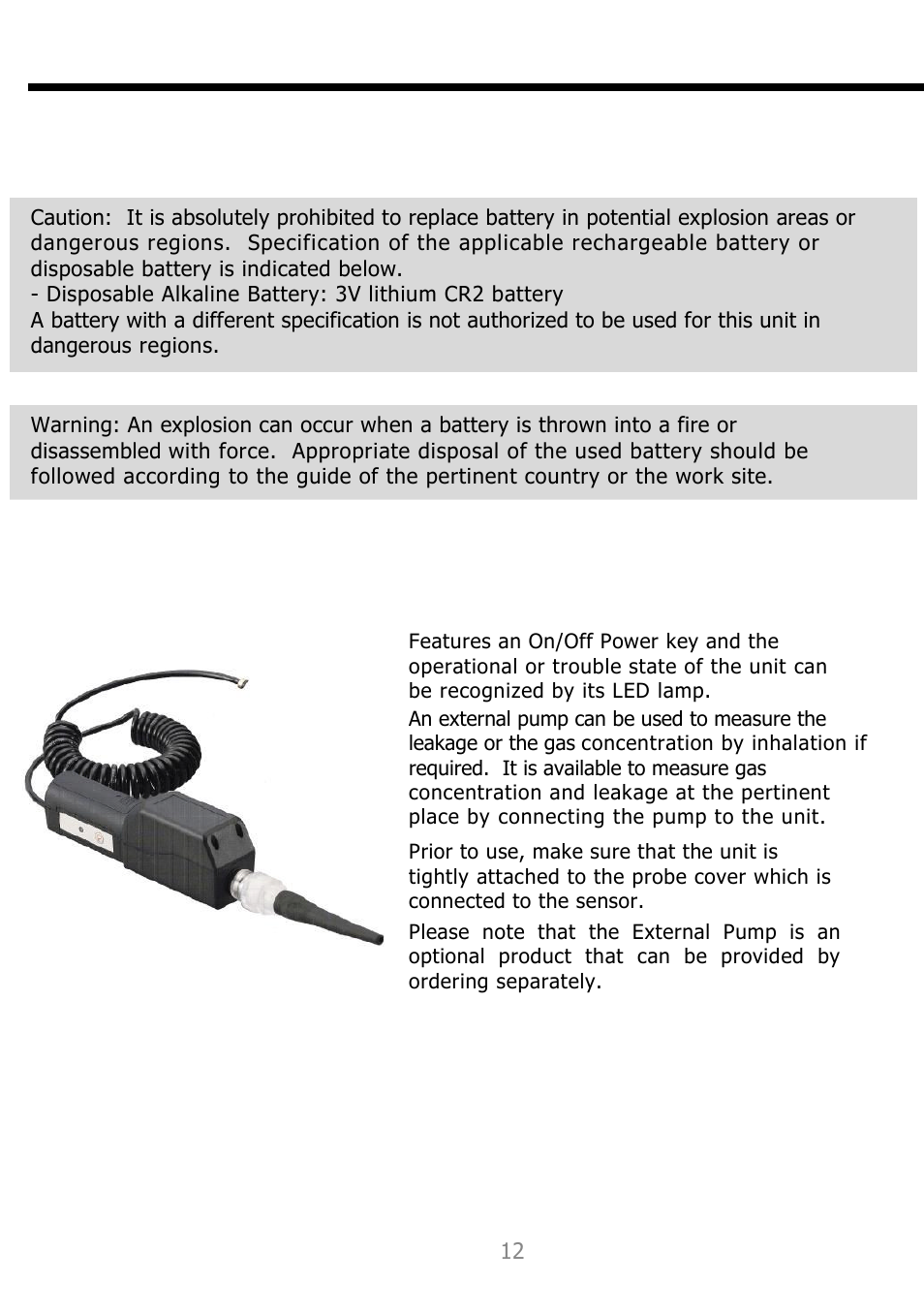 Applicable battery, External pump (optional) | Detcon SG1 User Manual | Page 13 / 16