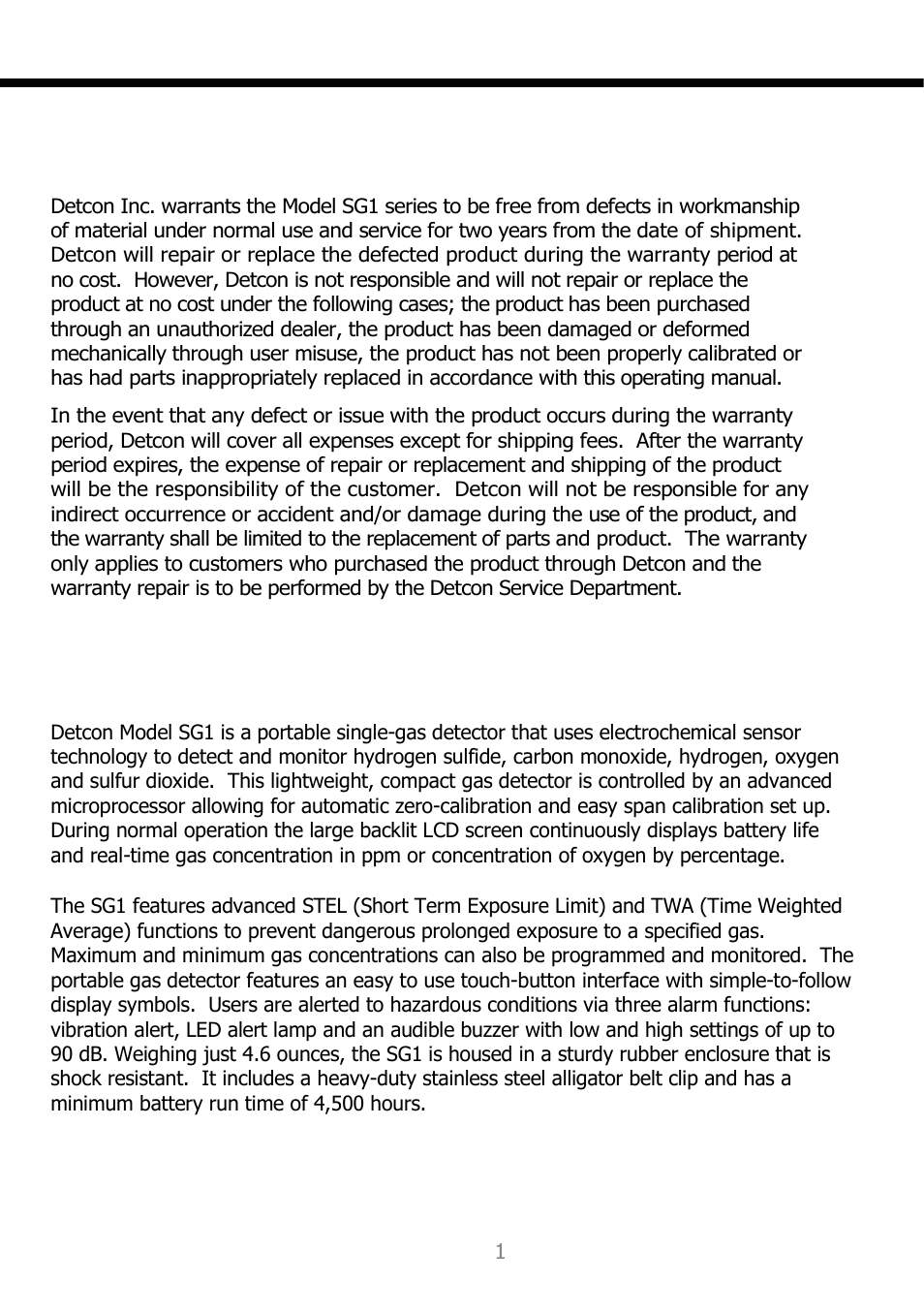 Warranty and repair, Product information | Detcon SG1 User Manual | Page 2 / 16