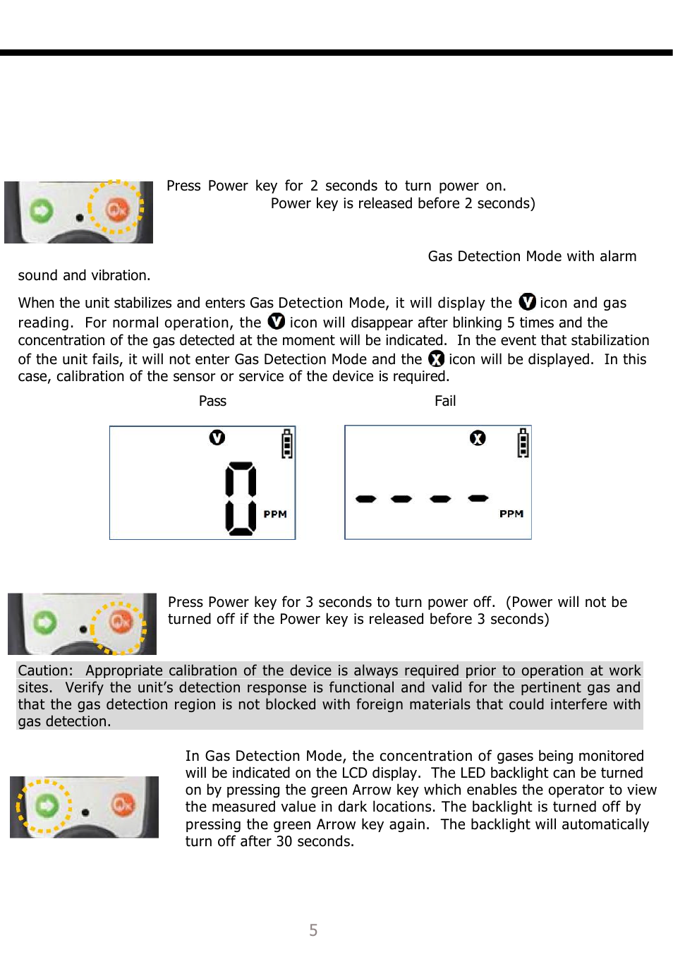 Start of operation, Instrument power-on, Instrument power-off | Lcd back light | Detcon SG1 User Manual | Page 6 / 16