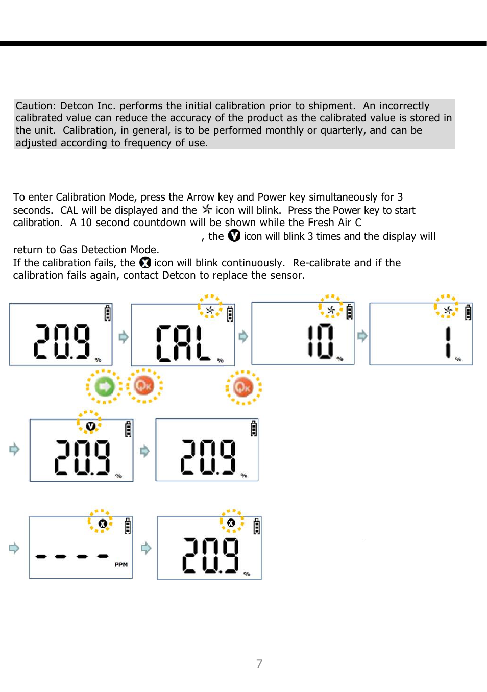 Calibration, Fresh air calibration, Calibration fail | Calibration success | Detcon SG1 User Manual | Page 8 / 16