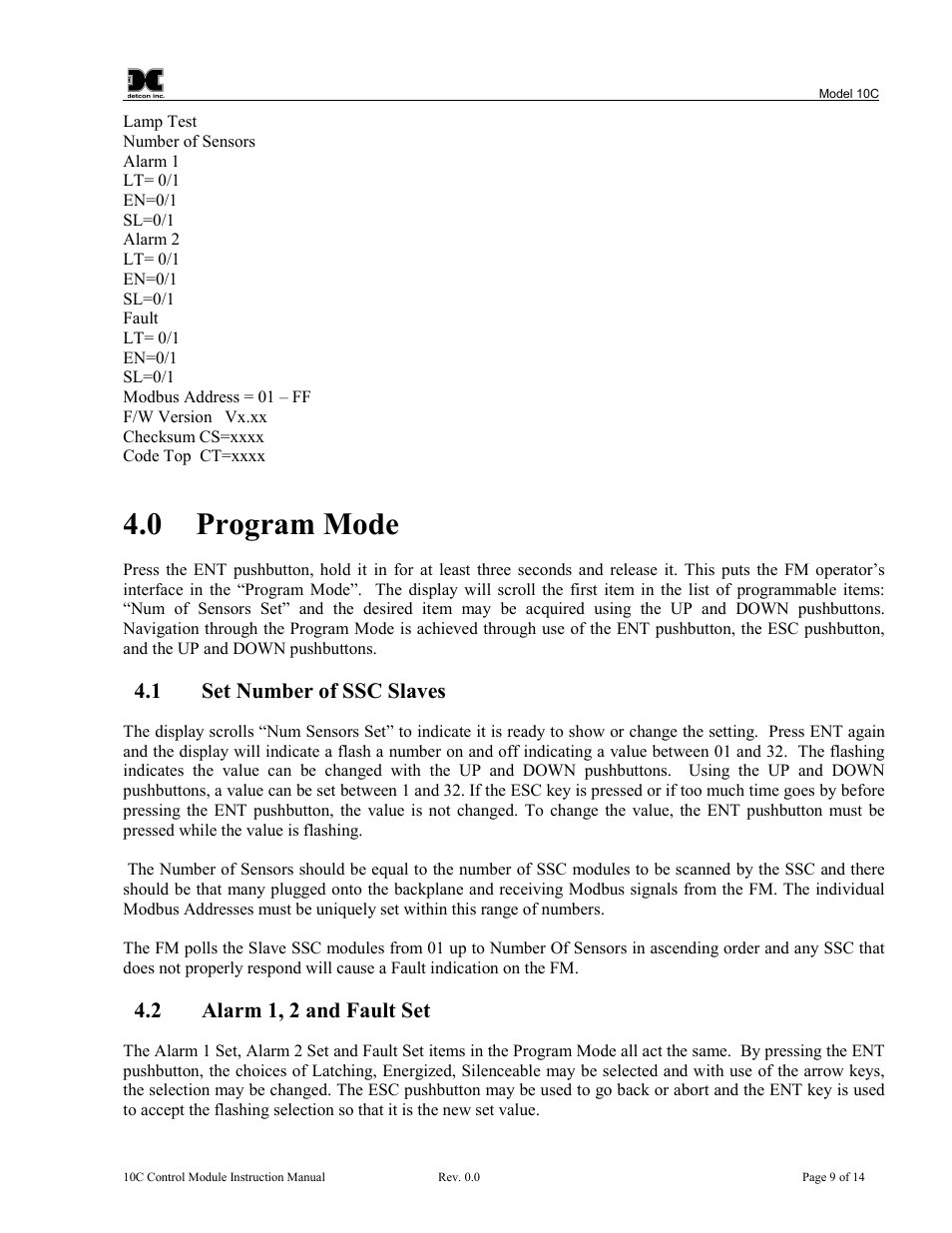 0 program mode | Detcon 10C Facilities User Manual | Page 13 / 18
