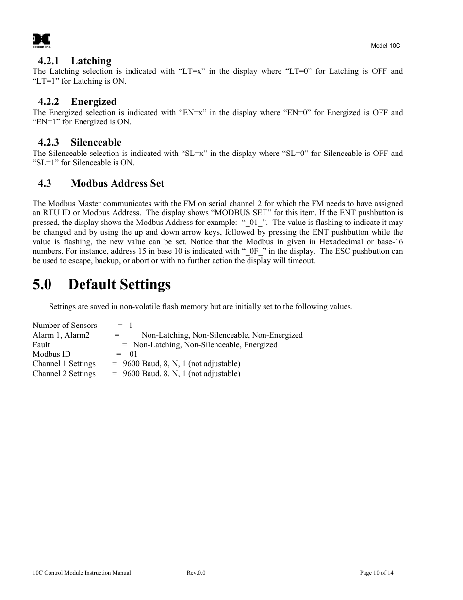 0 default settings, 1 latching, 2 energized | 3 silenceable, 3 modbus address set | Detcon 10C Facilities User Manual | Page 14 / 18