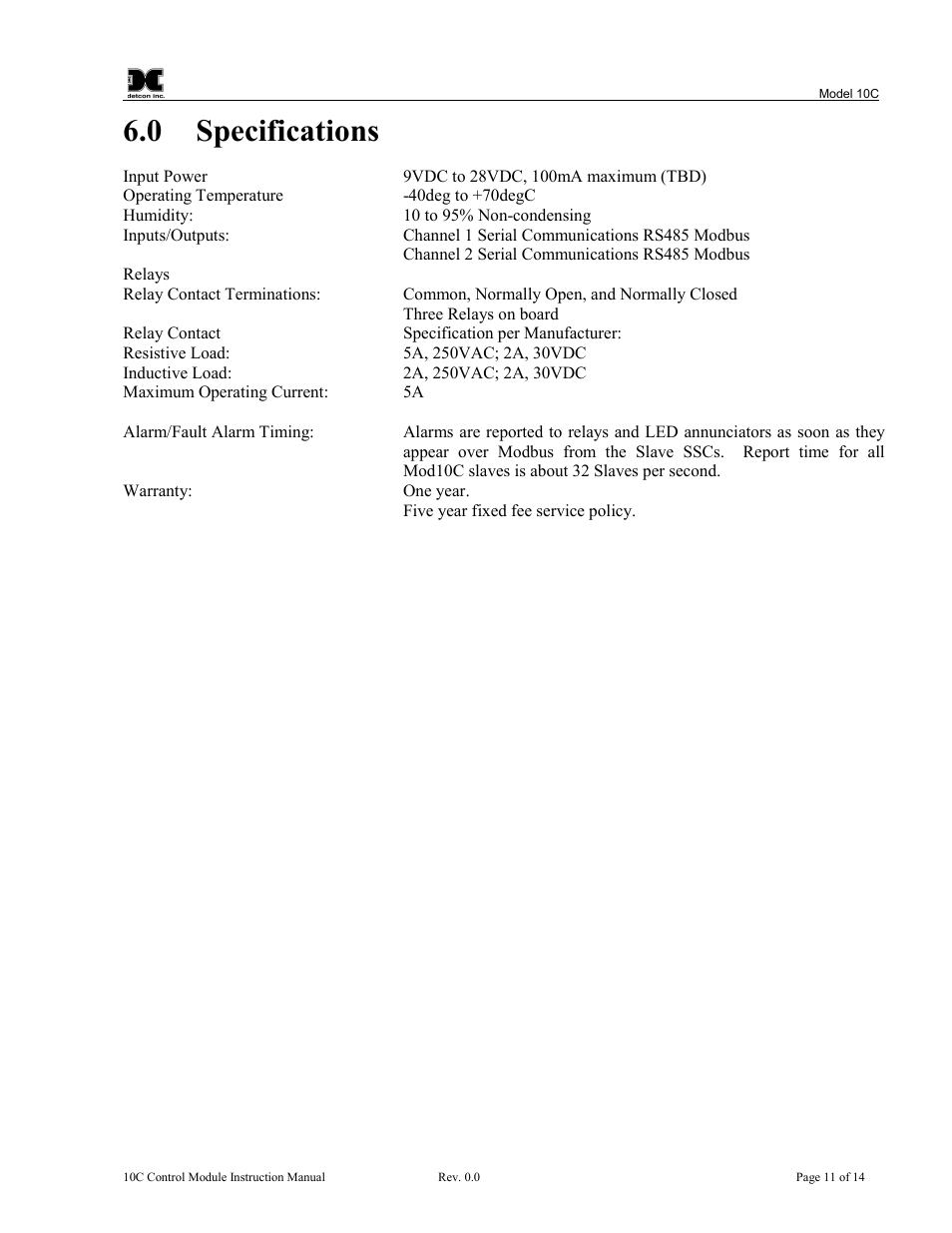 0 specifications | Detcon 10C Facilities User Manual | Page 15 / 18