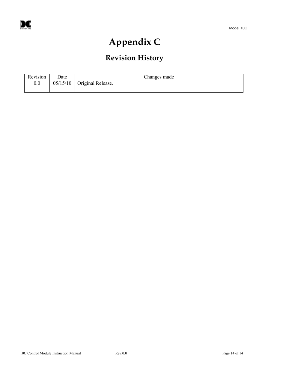 Appendix c, Revision history | Detcon 10C Facilities User Manual | Page 18 / 18