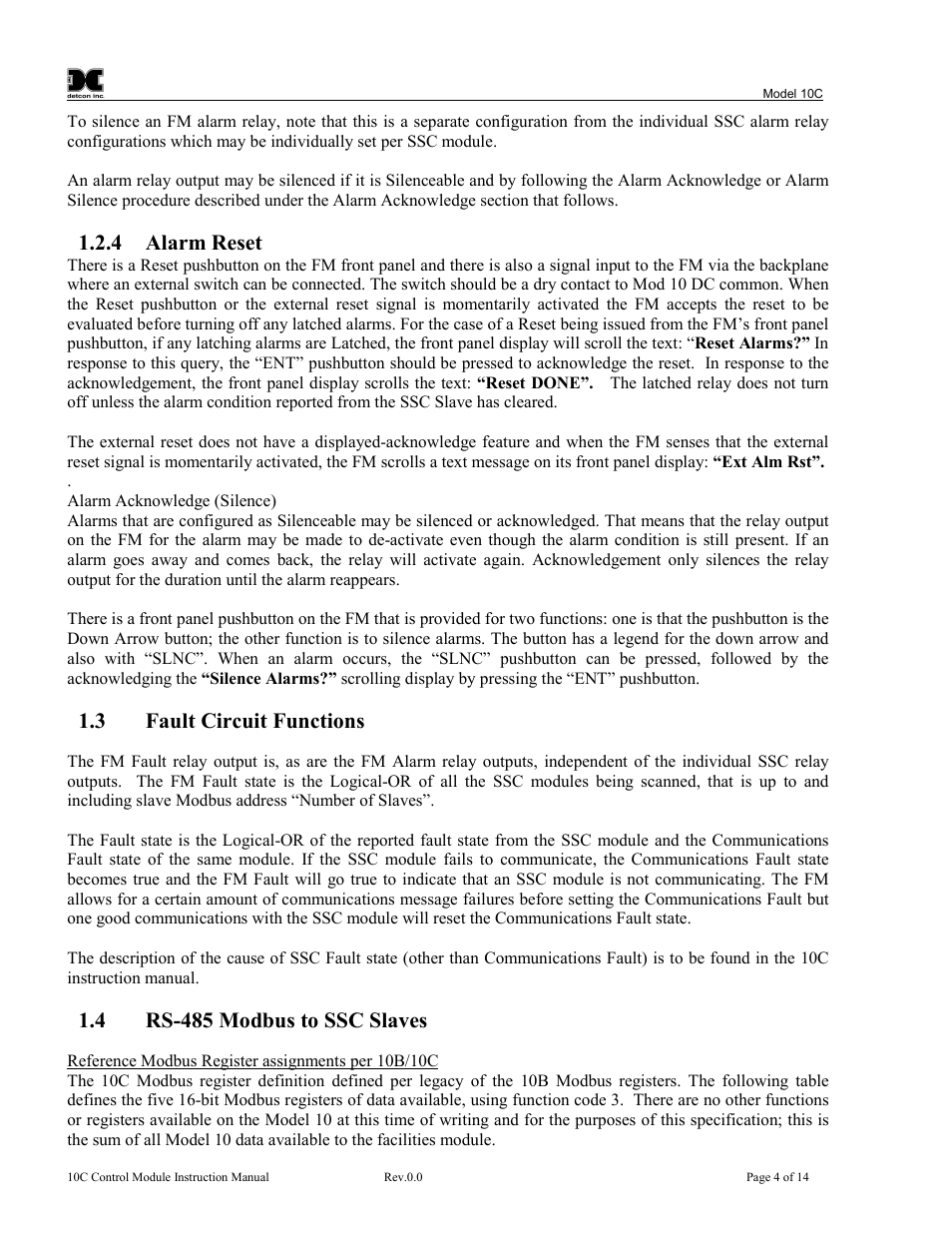 4 alarm reset, 3 fault circuit functions, 4 rs-485 modbus to ssc slaves | Detcon 10C Facilities User Manual | Page 8 / 18