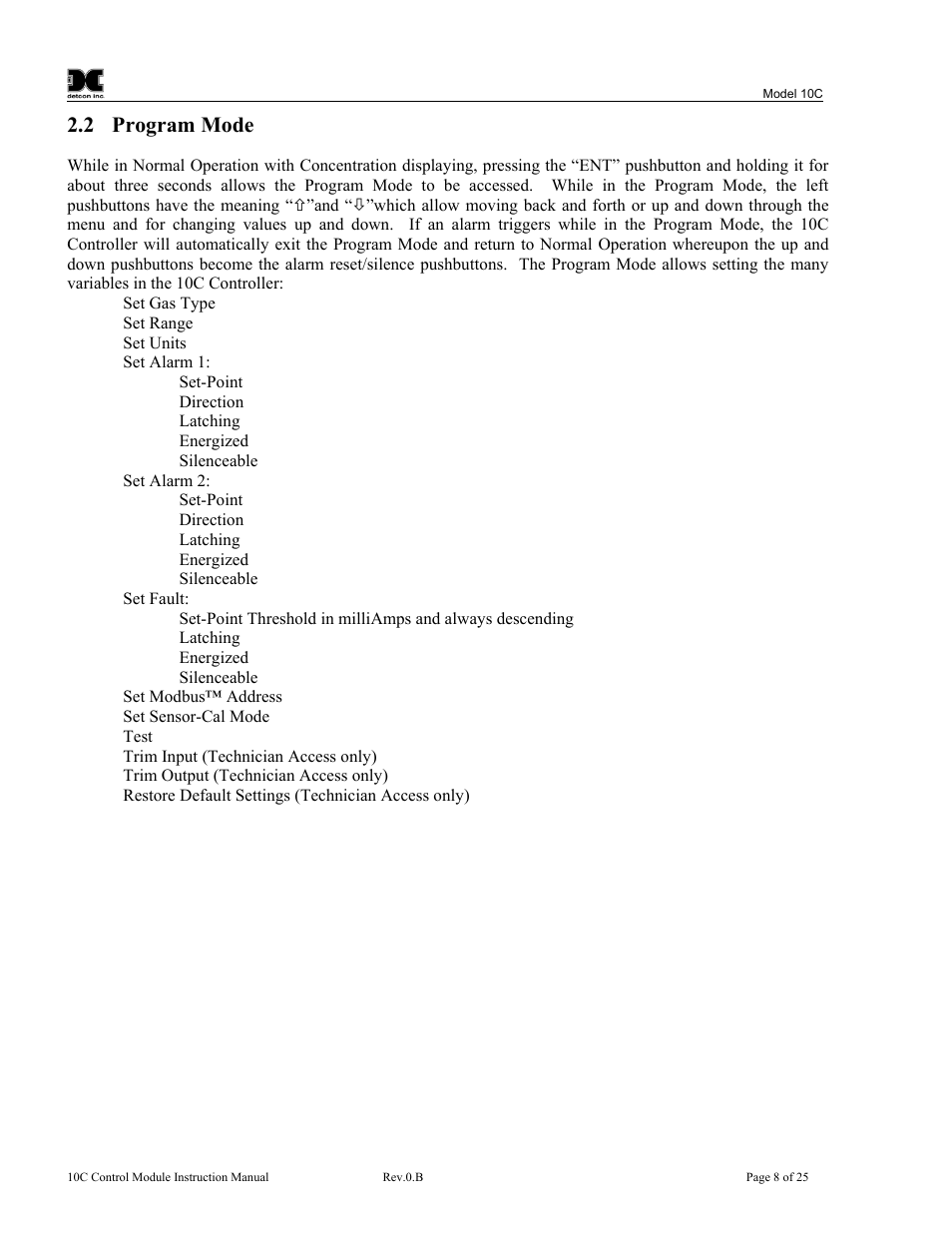 Program mode, 2 program mode | Detcon 10C User Manual | Page 12 / 29