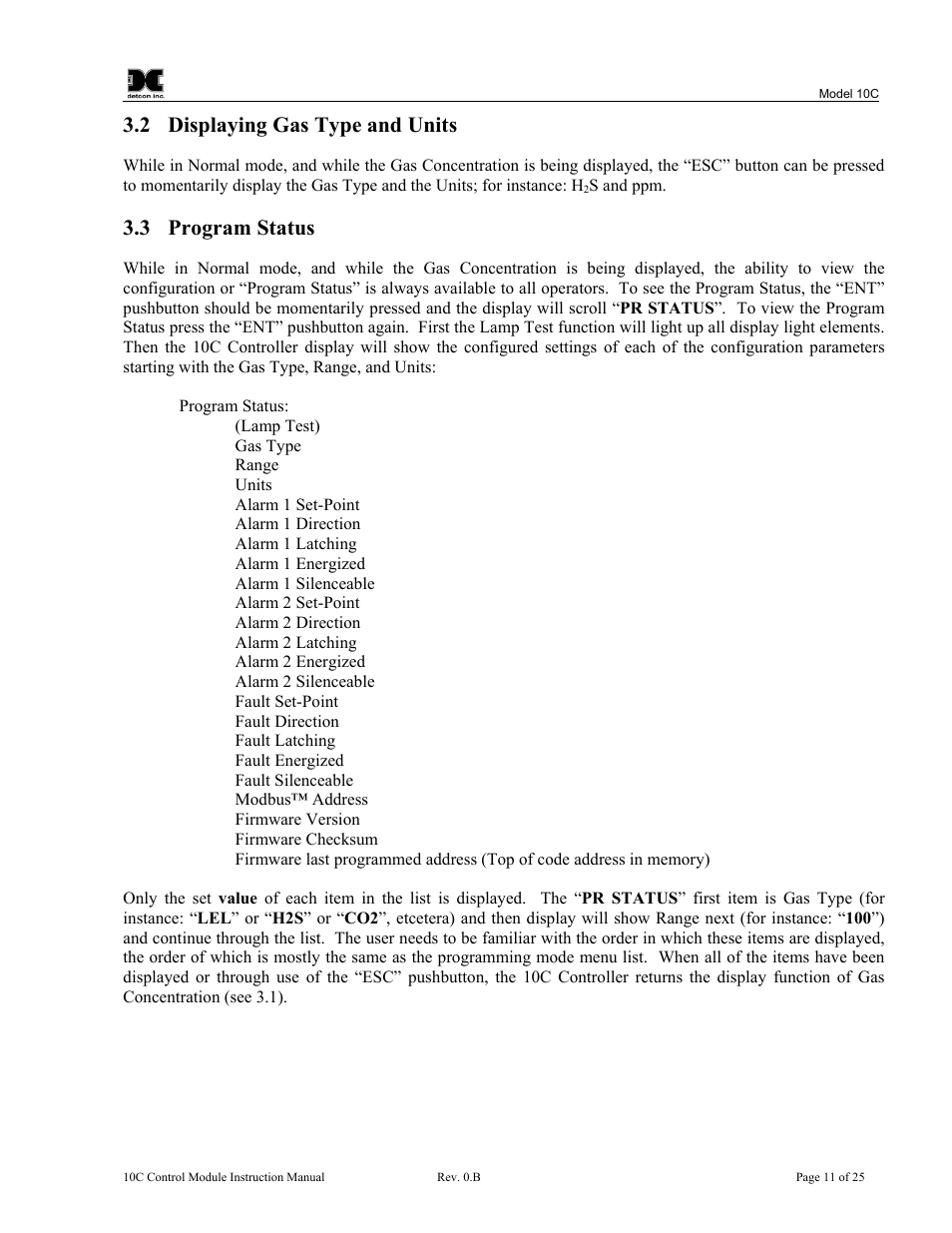 Displaying gas type and units, Program status, Section 3.2) is | 2 displaying gas type and units, 3 program status | Detcon 10C User Manual | Page 15 / 29