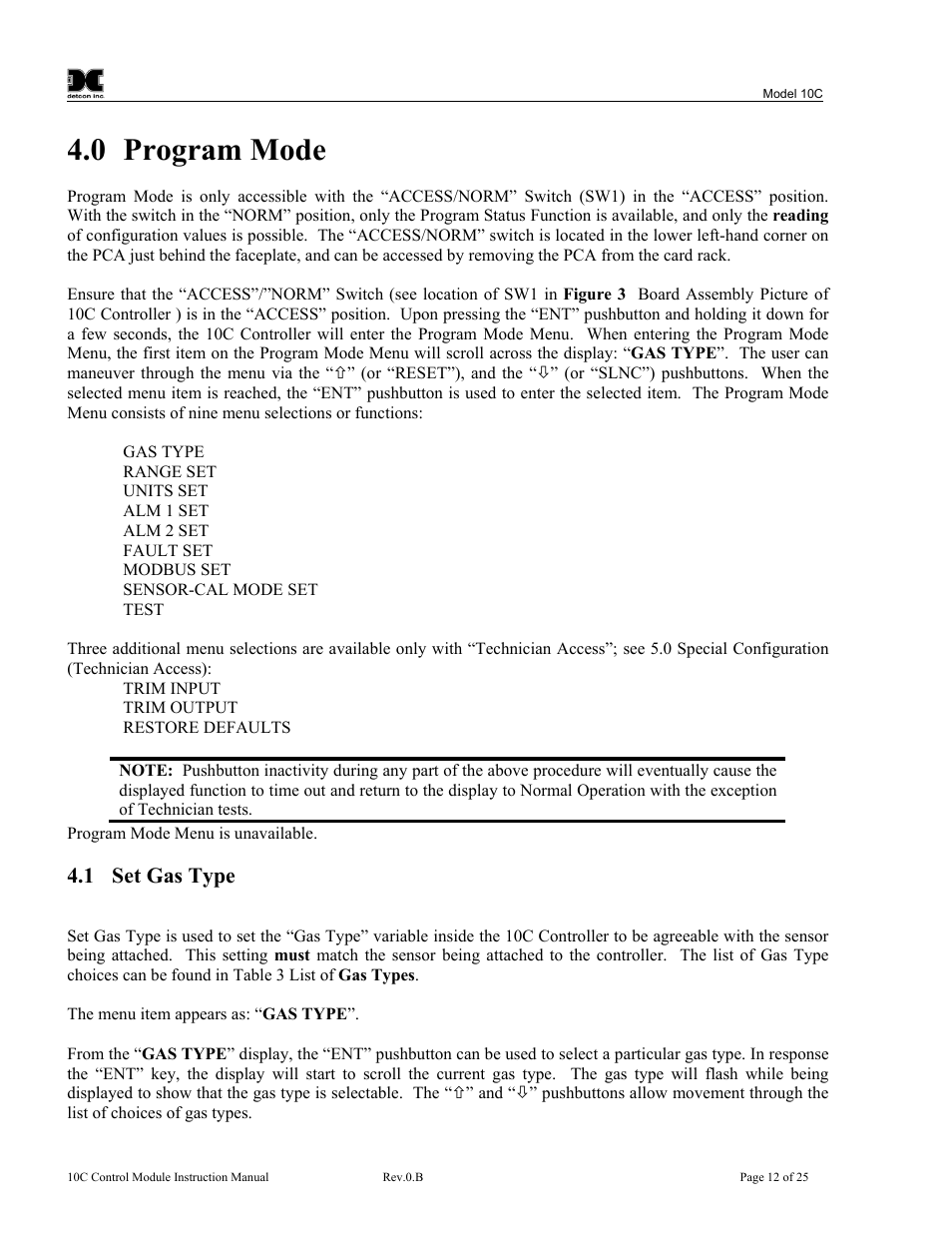 Program mode, Set gas type, 0 program mode | 1 set gas type | Detcon 10C User Manual | Page 16 / 29