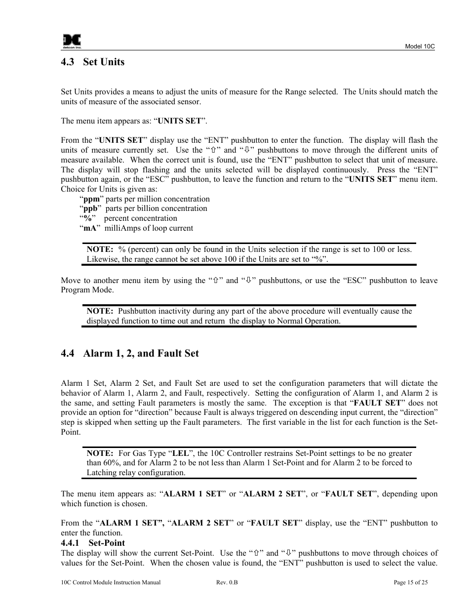 Set units, Alarm 1, 2, and fault set, Set-point | 3 set units, 4 alarm 1, 2, and fault set | Detcon 10C User Manual | Page 19 / 29