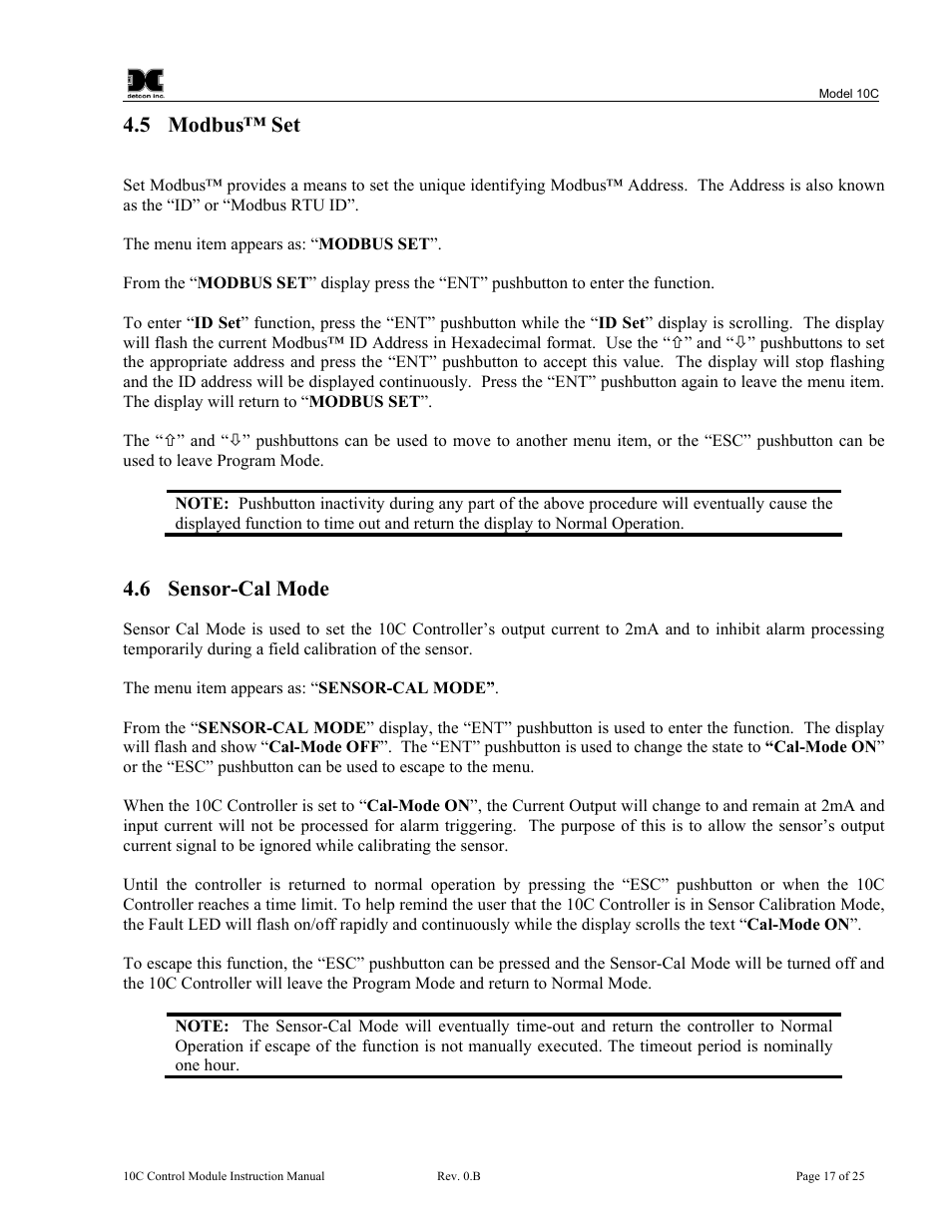 Modbus™ set, Sensor-cal mode, 5 modbus™ set | 6 sensor-cal mode | Detcon 10C User Manual | Page 21 / 29