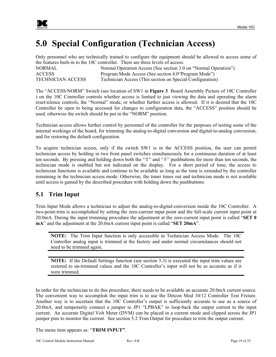 Special configuration (technician access), Trim input, Special configuration | Technician access), 0 special configuration (technician access), 1 trim input | Detcon 10C User Manual | Page 23 / 29