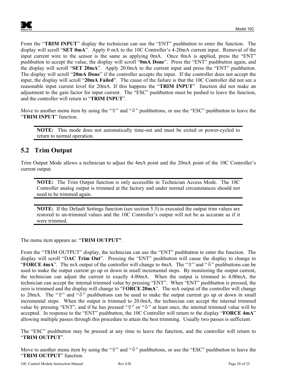 Trim output, Onitor the current. see section 5.2 tr, 2 trim output | Detcon 10C User Manual | Page 24 / 29