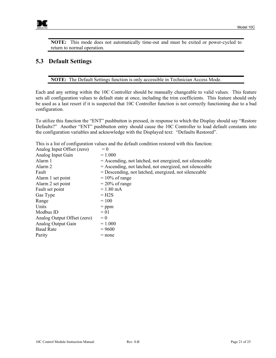 Default settings, On 5.3) is executed the input tri, 3 default settings | Detcon 10C User Manual | Page 25 / 29