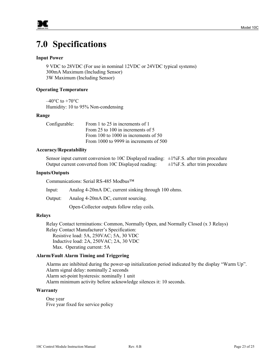 Specifications, 0 specifications | Detcon 10C User Manual | Page 27 / 29