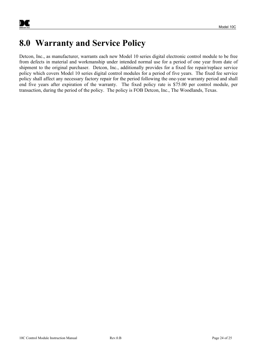 Warranty and service policy, 0 warranty and service policy | Detcon 10C User Manual | Page 28 / 29