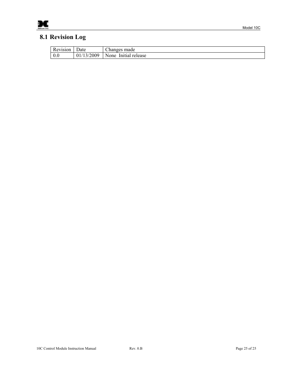 Revision log, 1 revision log | Detcon 10C User Manual | Page 29 / 29