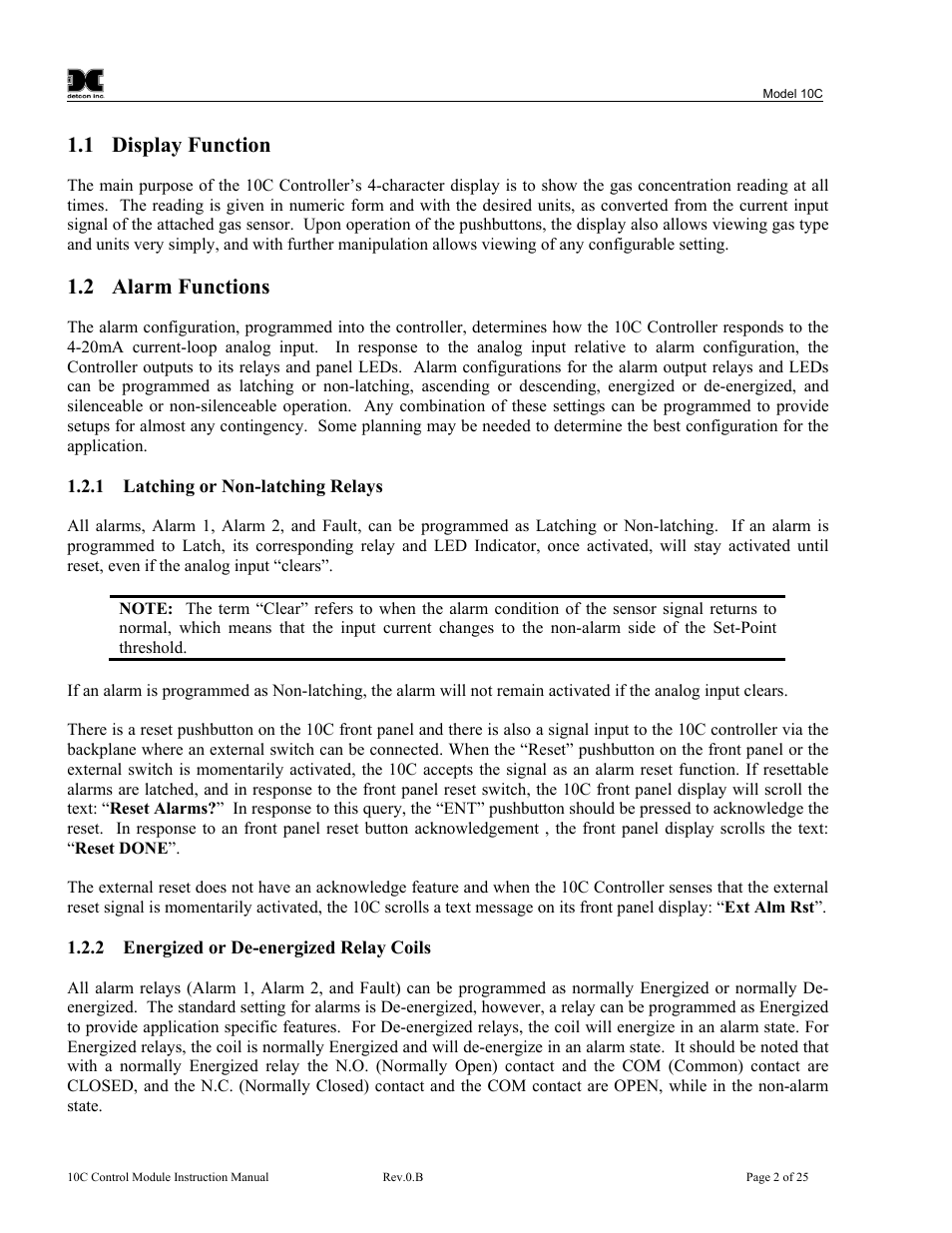 Display function, Alarm functions, Latching or non-latching relays | Energized or de-energized relay coils, 1 display function, 2 alarm functions | Detcon 10C User Manual | Page 6 / 29