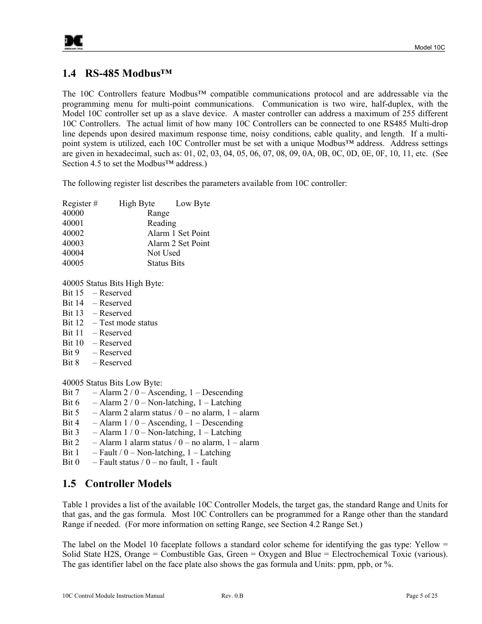 Rs-485 modbus, Controller models, 4 rs-485 modbus | 5 controller models | Detcon 10C User Manual | Page 9 / 29