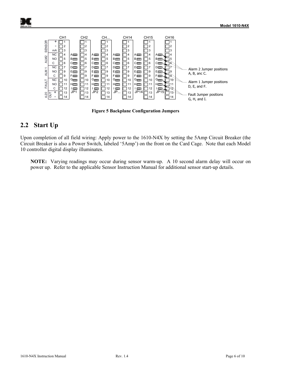2 start up, Start up, Figure 5 backplane configuration jumpers | Detcon 1610-N4X User Manual | Page 10 / 28