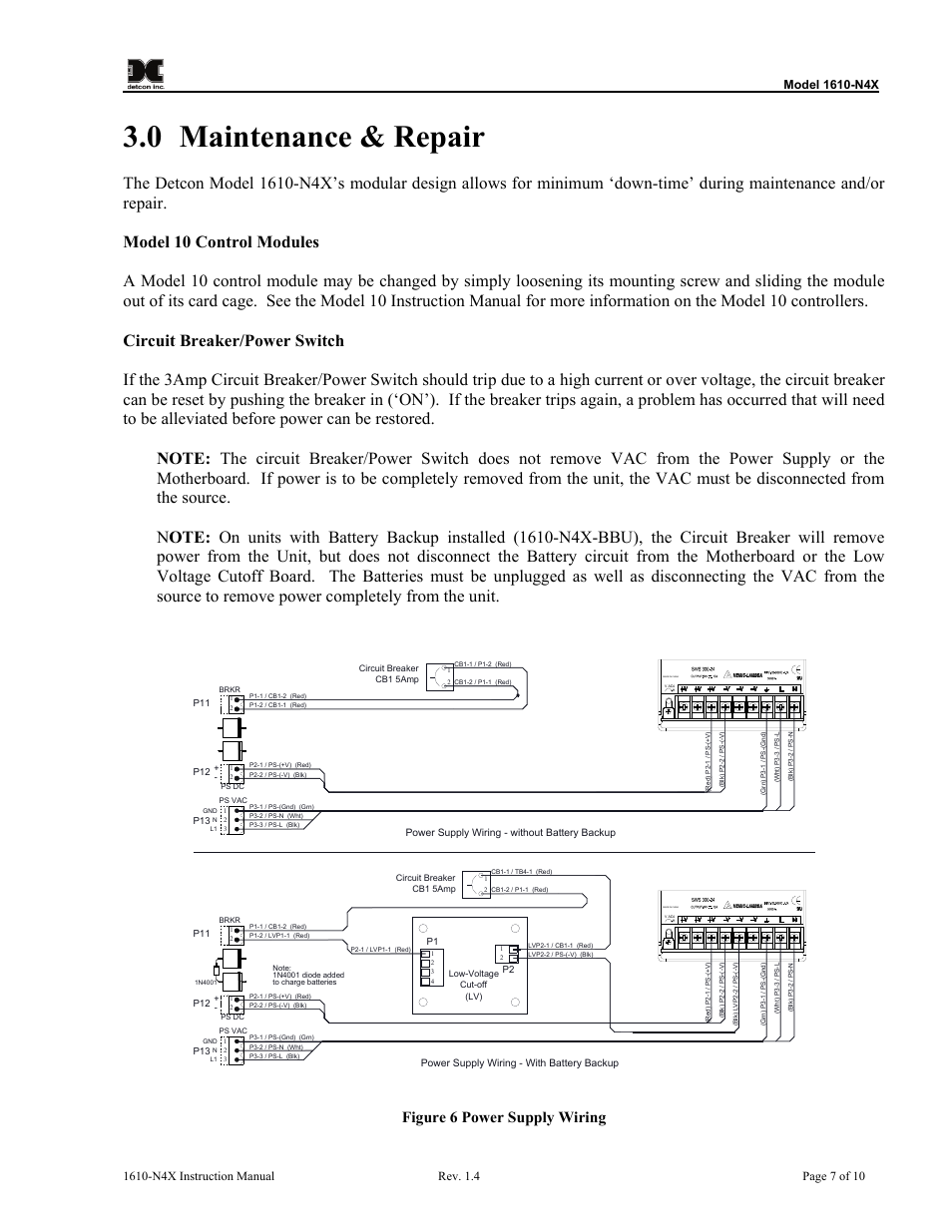 0 maintenance & repair, Maintenance & repair, Figure 6 power supply wiring | Detcon 1610-N4X User Manual | Page 11 / 28