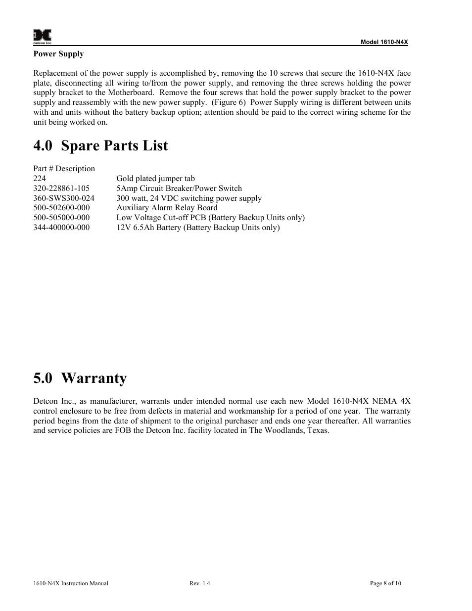 0 spare parts list, 0 warranty, Spare parts list | Warranty | Detcon 1610-N4X User Manual | Page 12 / 28