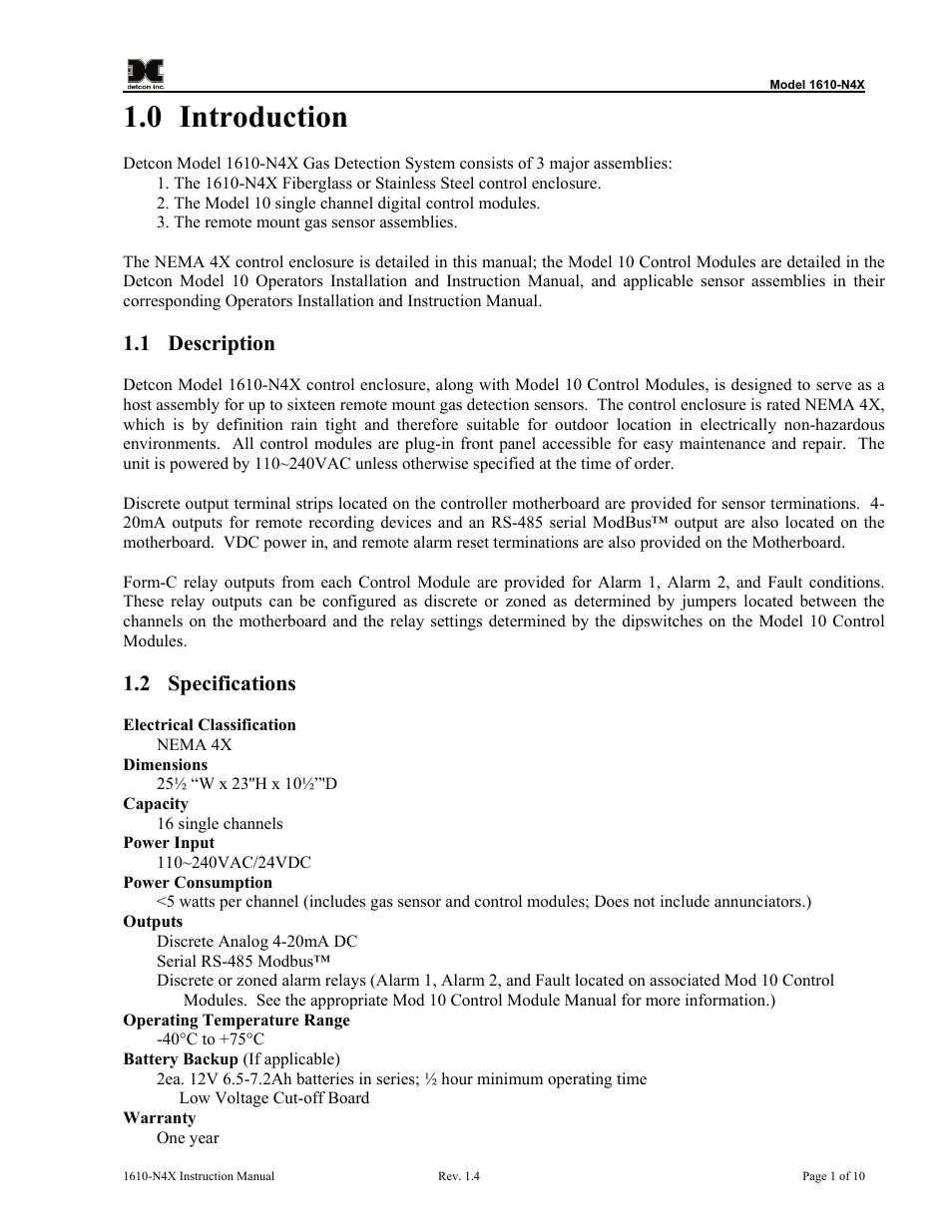 0 introduction, 1 description, 2 specifications | Introduction, Description, Specifications | Detcon 1610-N4X User Manual | Page 5 / 28