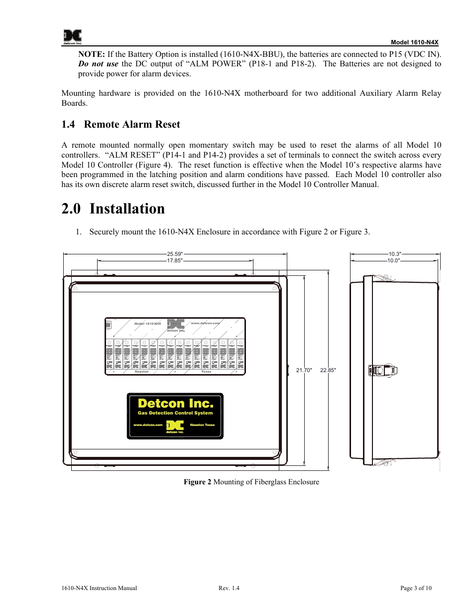 4 remote alarm reset, 0 installation, Remote alarm reset | Installation, Figure 2 mounting of fiberglass enclosure, Detcon inc | Detcon 1610-N4X User Manual | Page 7 / 28