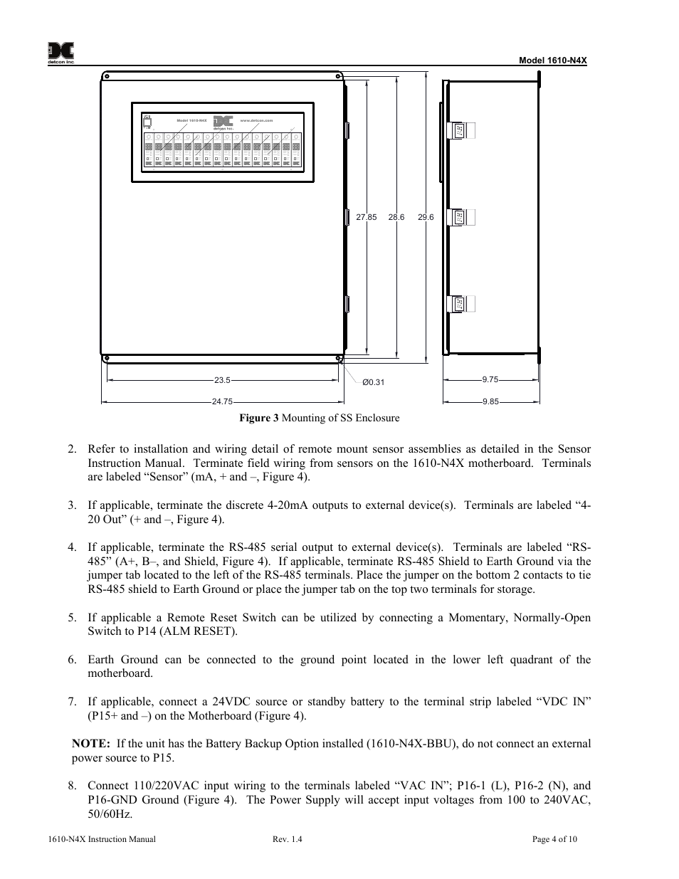 Figure 3 mounting of ss enclosure | Detcon 1610-N4X User Manual | Page 8 / 28