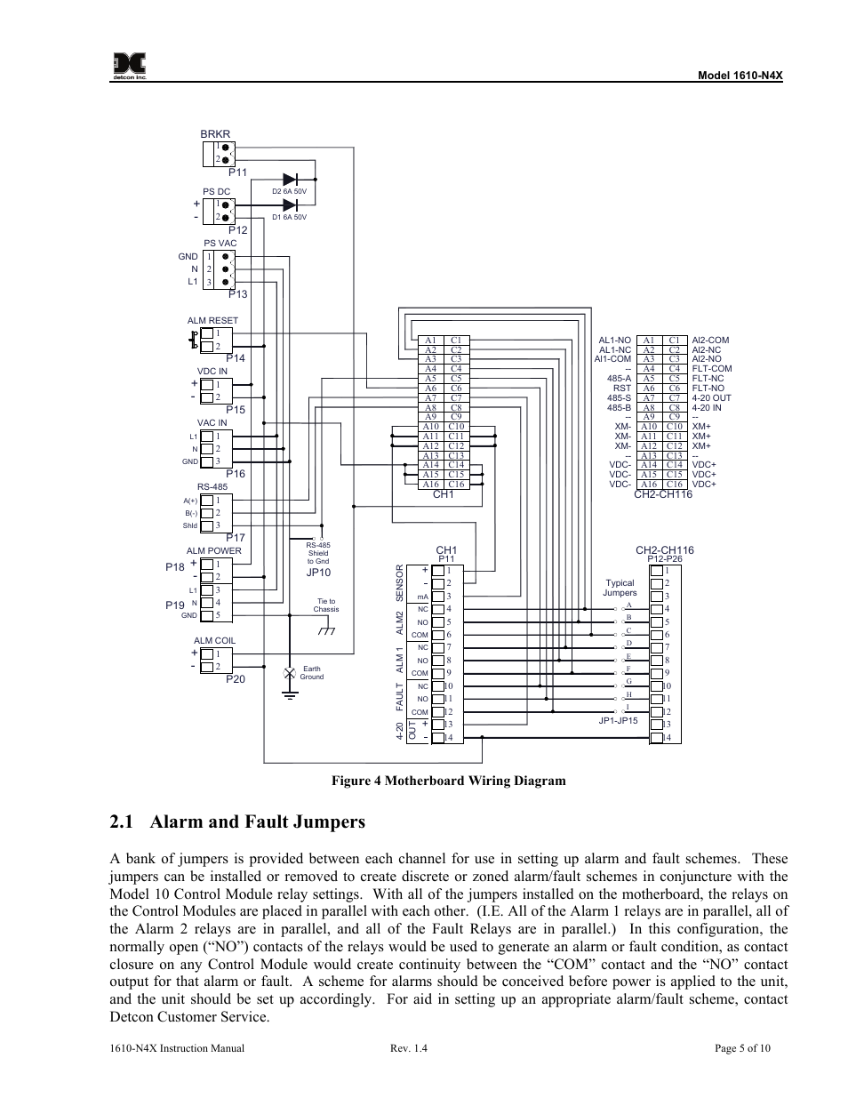 1 alarm and fault jumpers, Alarm and fault jumpers, Figure 4 motherboard wiring diagram | Figure 4, 20 out” (+ and –, figure 4, Figure 4). if applicable, term | Detcon 1610-N4X User Manual | Page 9 / 28