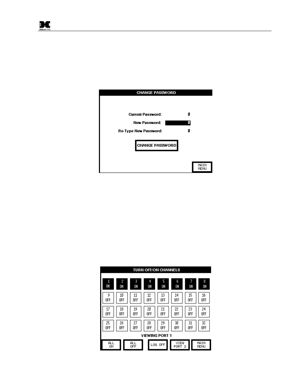Change password screen, Turn on/off channels screen | Detcon MCX-32-N4X User Manual | Page 29 / 55