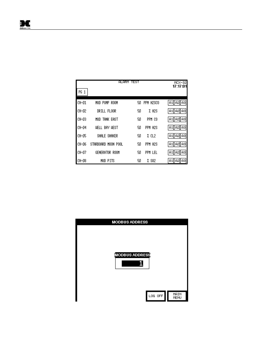 Alarm test mode, Modbus address screen | Detcon MCX-32-N4X User Manual | Page 30 / 55