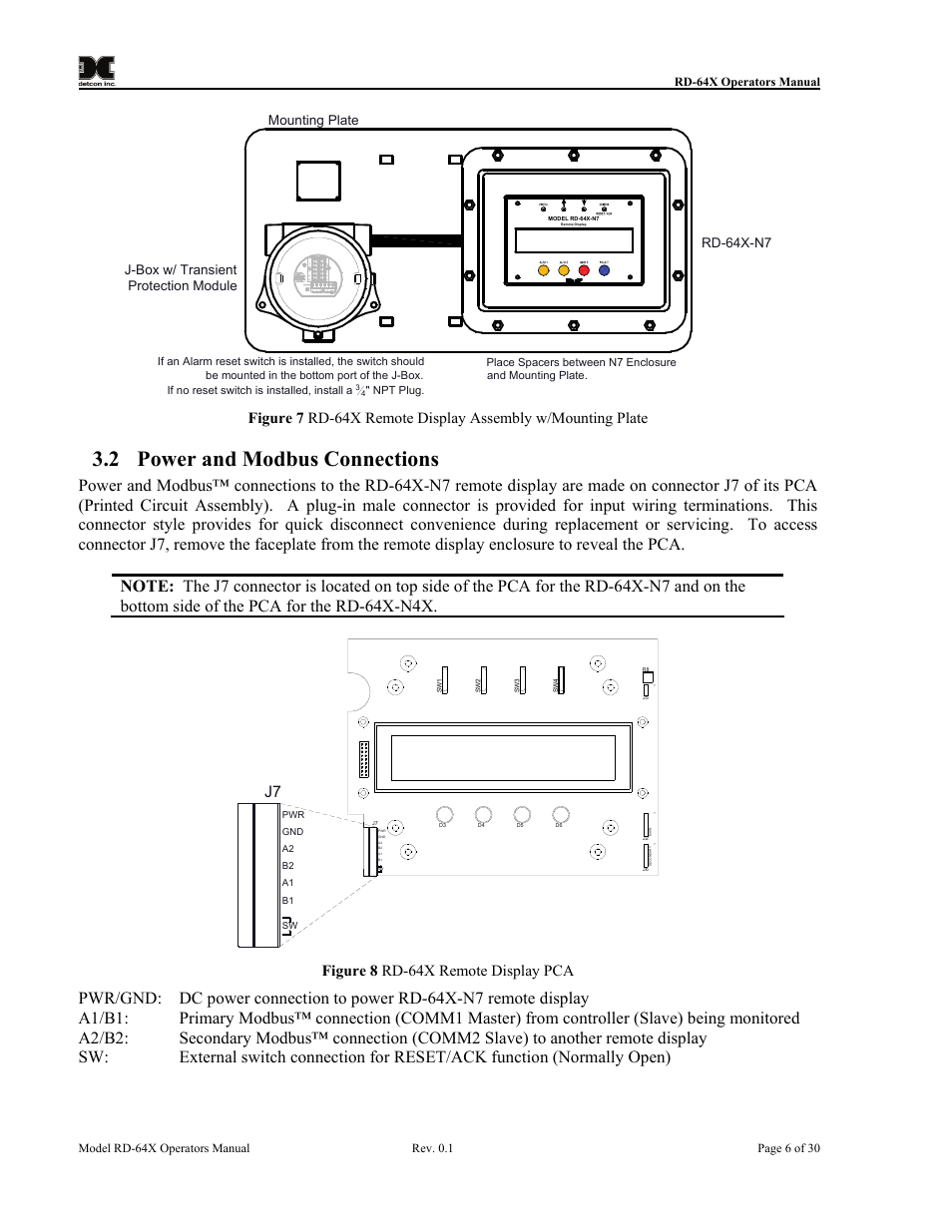 Power and modbus connections, Figure 8 rd-64x remote display pca, 2 power and modbus connections | Detcon RD-64X-N7 User Manual | Page 10 / 41