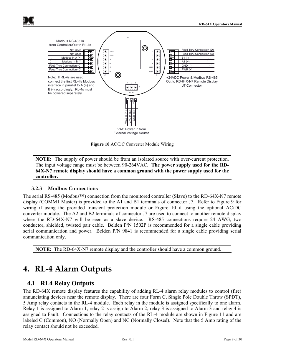 Modbus connections, Rl-4 alarm outputs, Rl4 relay outputs | Figure 10 ac/dc converter module wiring, 1 rl4 relay outputs, 3 modbus connections | Detcon RD-64X-N7 User Manual | Page 12 / 41