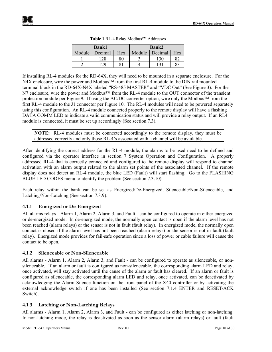 Energized or de-energized, Silenceable or non-silenceable, Latching or non-latching relays | Table 1 rl-4 relay modbus™ addresses | Detcon RD-64X-N7 User Manual | Page 14 / 41
