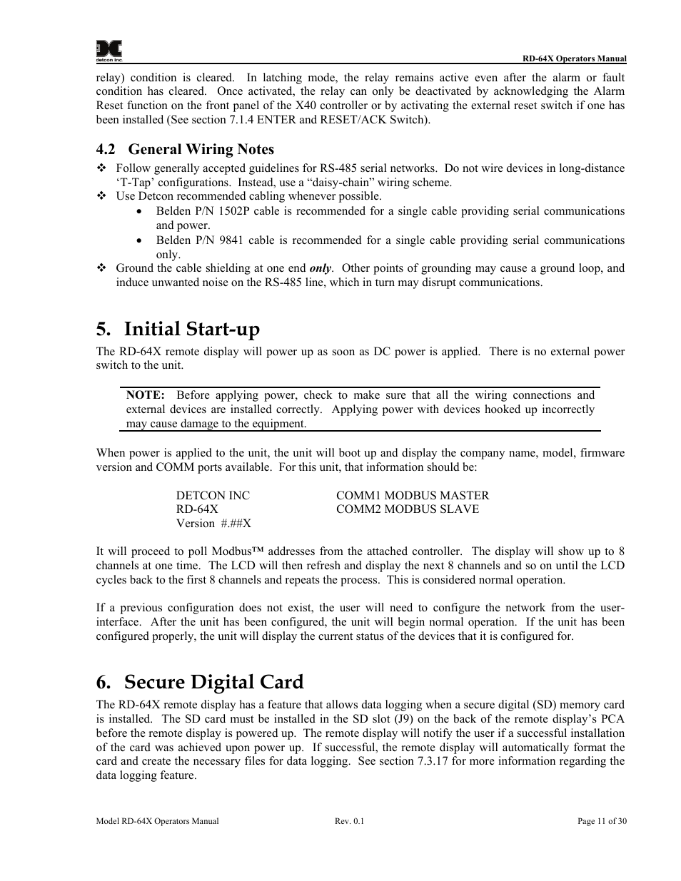 General wiring notes, Initial start-up, Secure digital card | Detcon RD-64X-N7 User Manual | Page 15 / 41