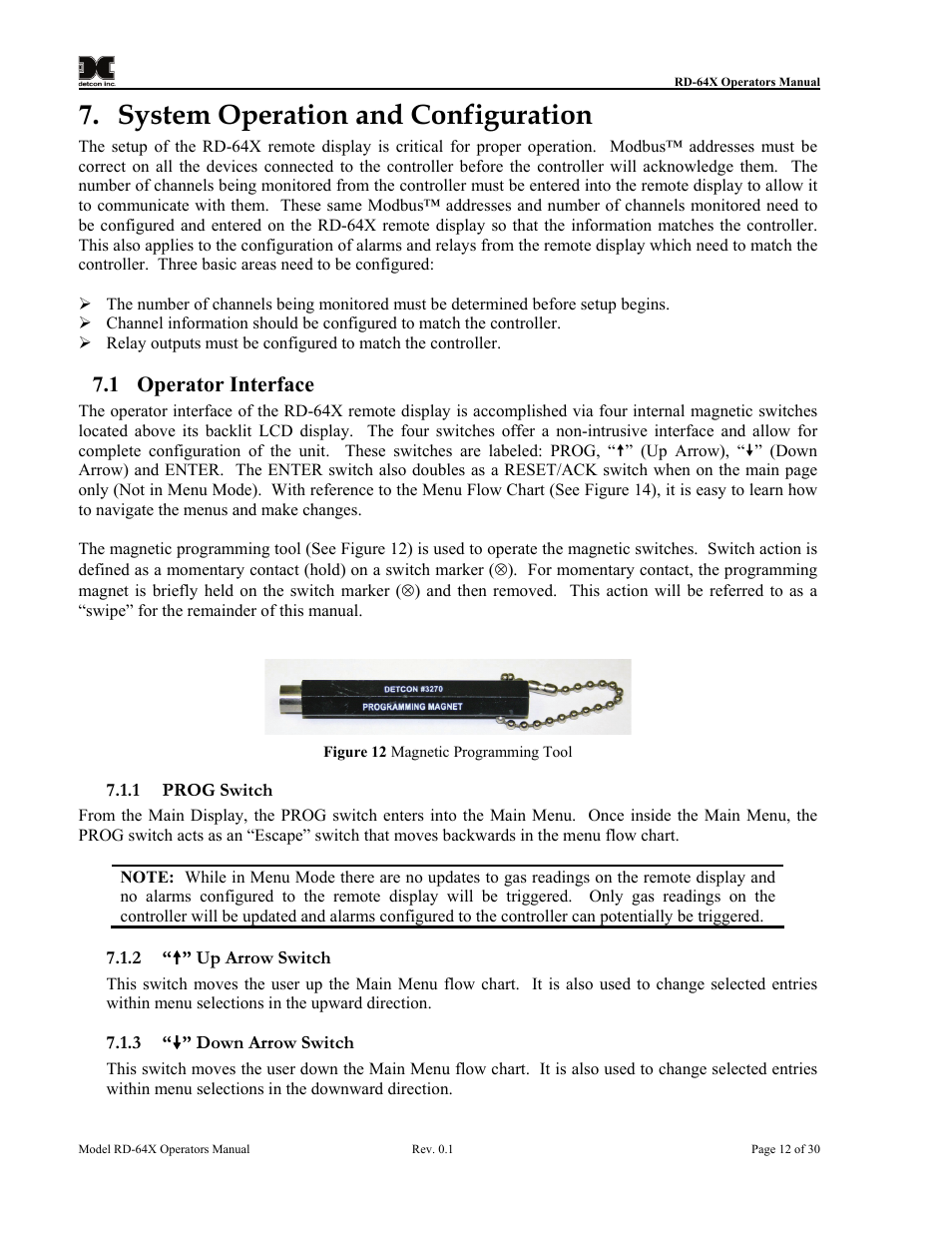 System operation and configuration, Operator interface, Prog switch | Up arrow switch, Down arrow switch, Figure 12 magnetic programming tool, 1 operator interface | Detcon RD-64X-N7 User Manual | Page 16 / 41