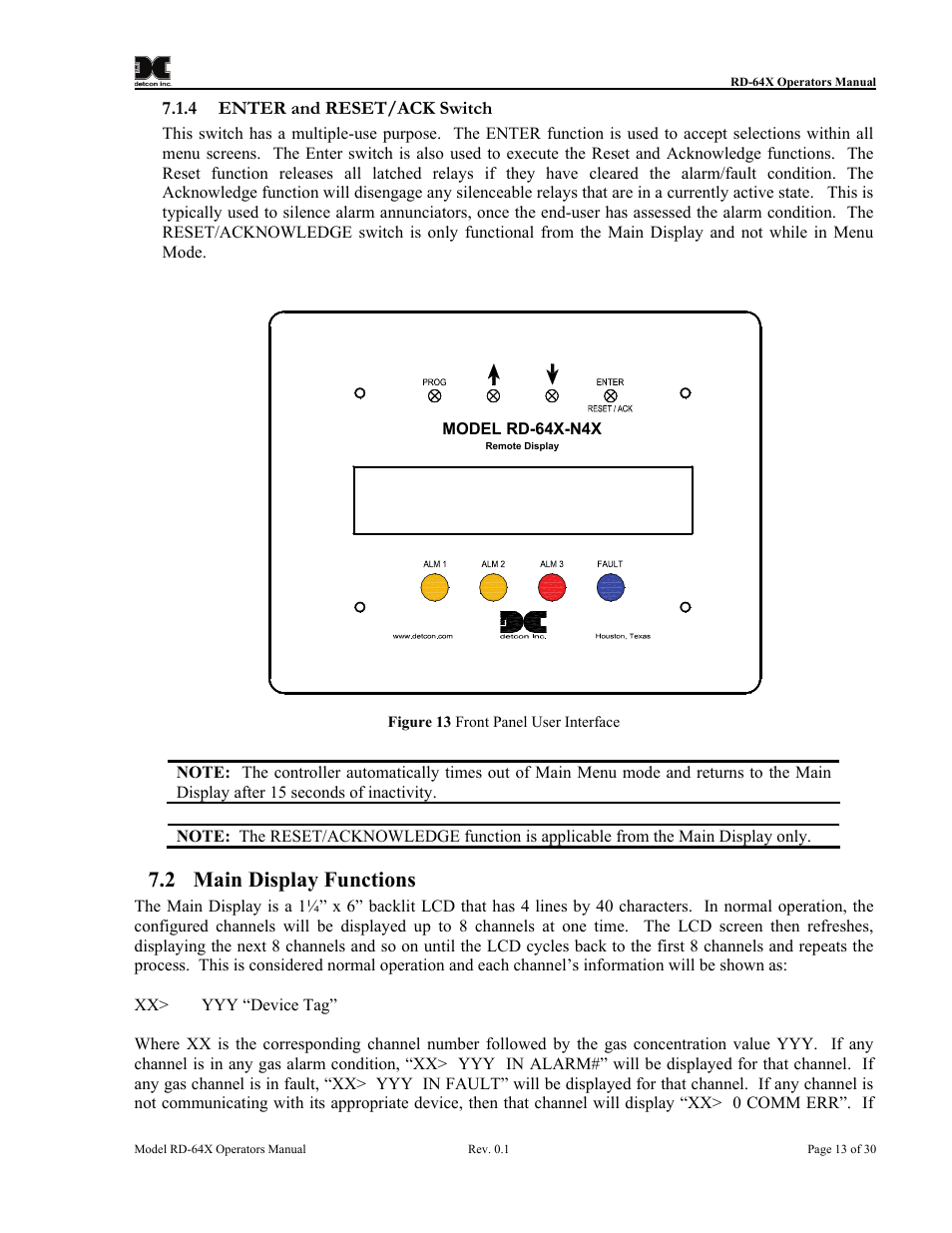 Enter and reset/ack switch, Main display functions, Figure 13 front panel user interface | Has been installed (see section 7.1.4, 2 main display functions | Detcon RD-64X-N7 User Manual | Page 17 / 41