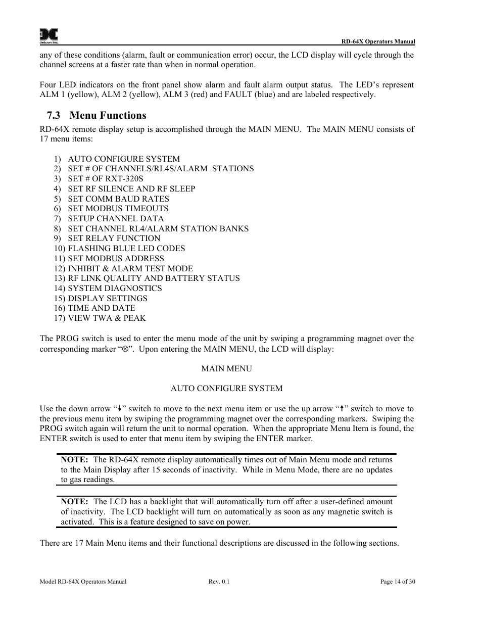 Menu functions, 3 menu functions | Detcon RD-64X-N7 User Manual | Page 18 / 41