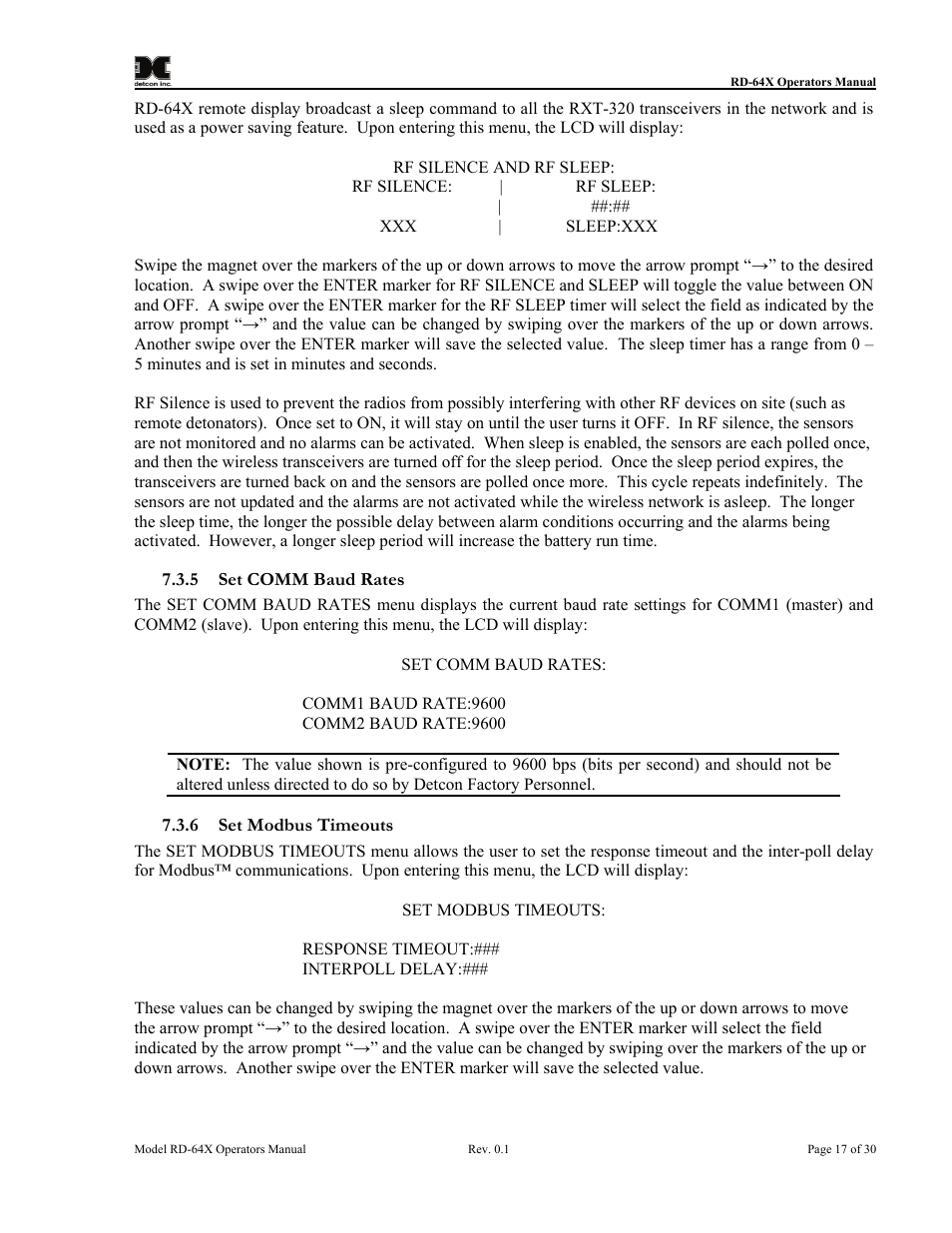 Set comm baud rates, Set modbus timeouts | Detcon RD-64X-N7 User Manual | Page 21 / 41